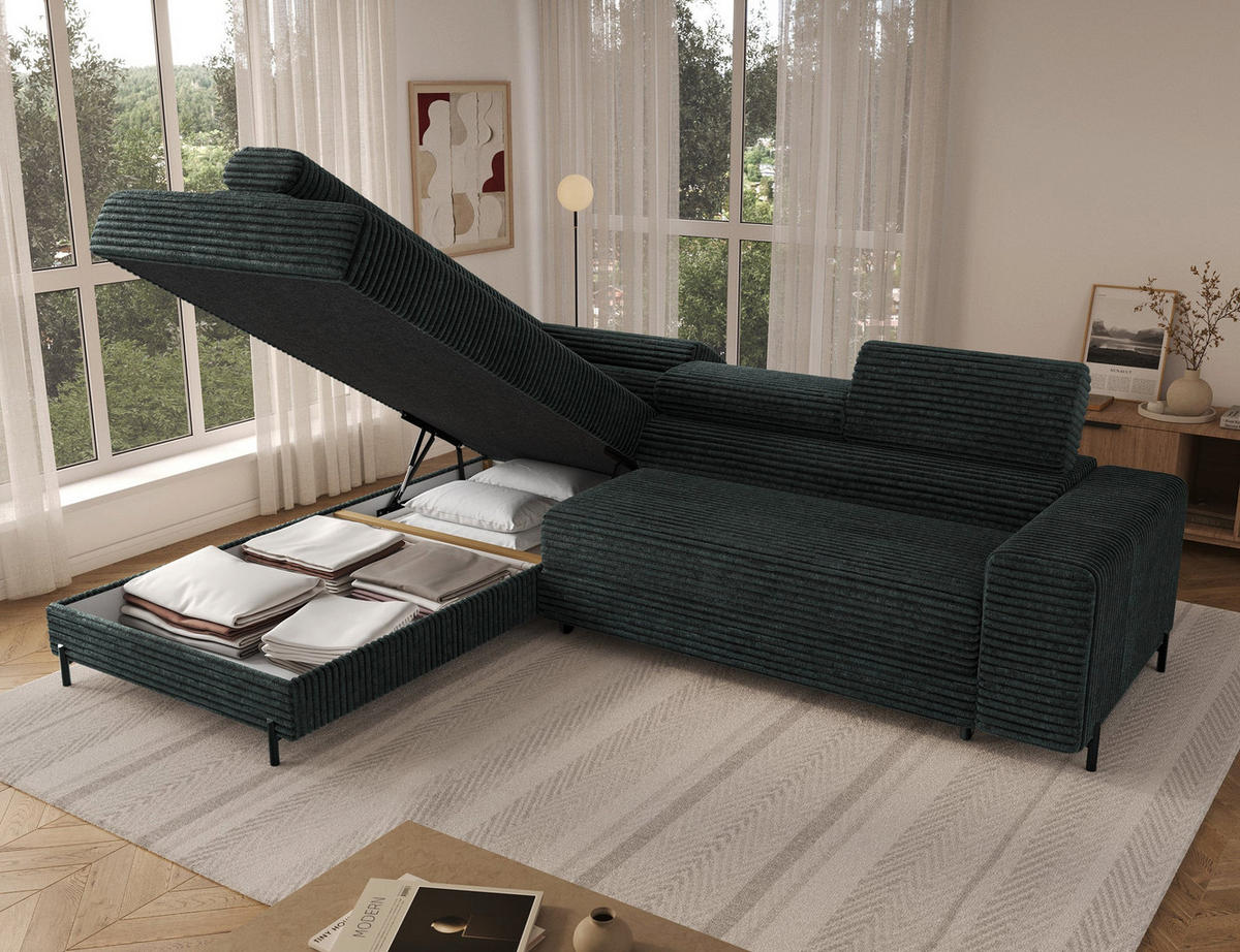 ECKSOFA COLESIO L-Form, Schlaffunktion, Bettkasten, verstellbare Kopfstützen, Wellenfederung, Metallfüße, breiter Cordstoff - Dunkelgrün/Schwarz, Kunststoff/Metall (269/204cm) - Wohnideebilder