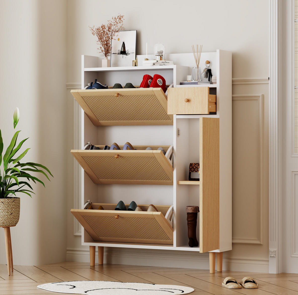 SCHUHSCHRANK 90/125/17 cm in Natur/Weiß mit 3 Klappen und 1 Schublade - Weiß, Holzwerkstoff (90/125/17cm) - Flora Grace