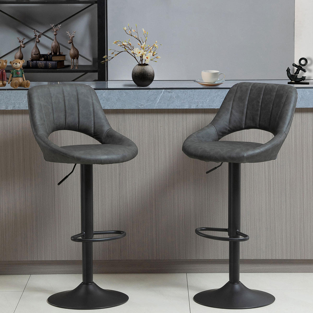 BARHOCKER-SET, 2 Hocker, Küchenhocker, Lederoptik, drehbar mit Fußstütze - Grau, Kunststoff (47/109/52cm) - HOMCOM