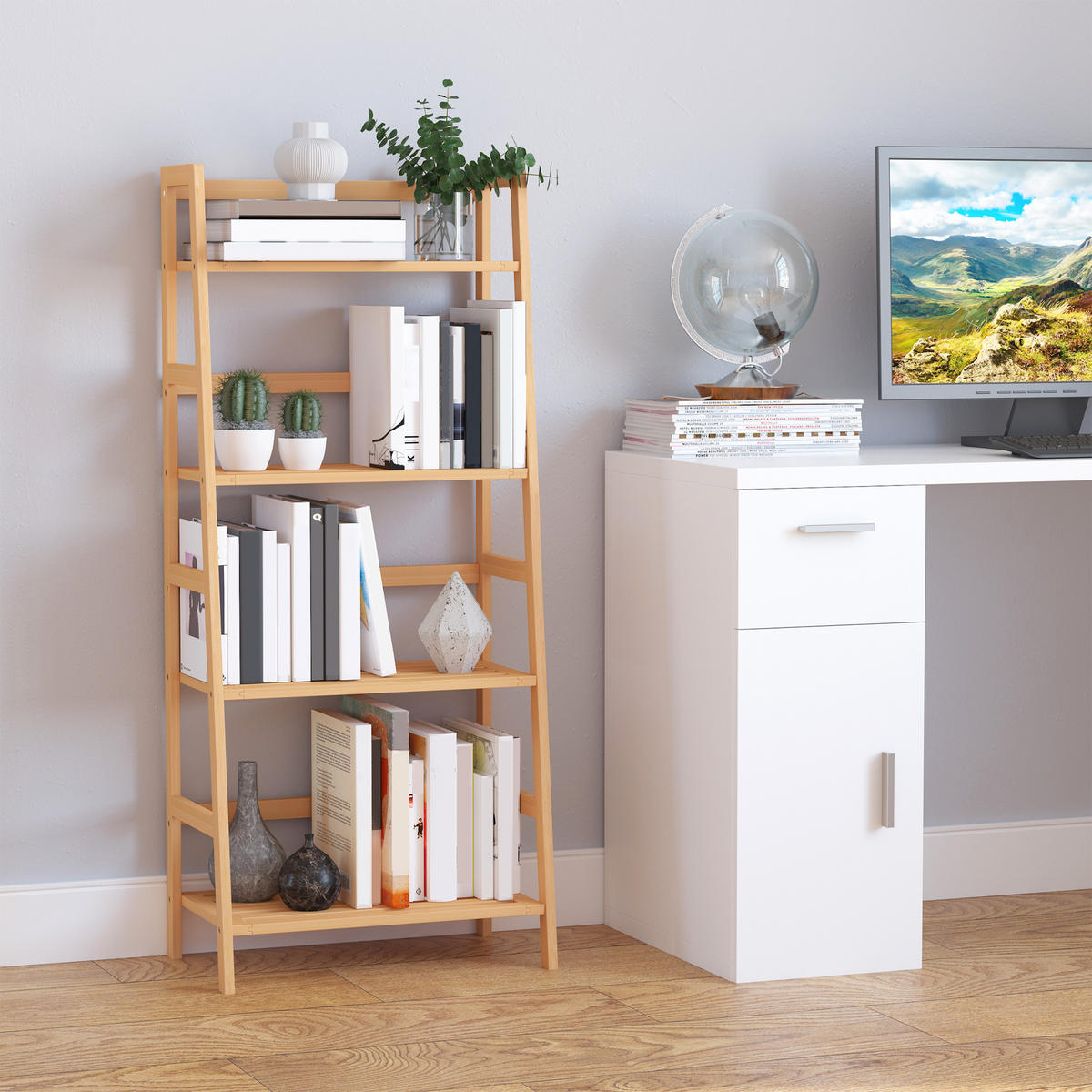 BÜCHERREGAL Standregal mit 4 Ebenen Aufbewahrungsregal aus Bambus, Natur - Naturfarben, Holz (31.5/120/48cm) - HOMCOM