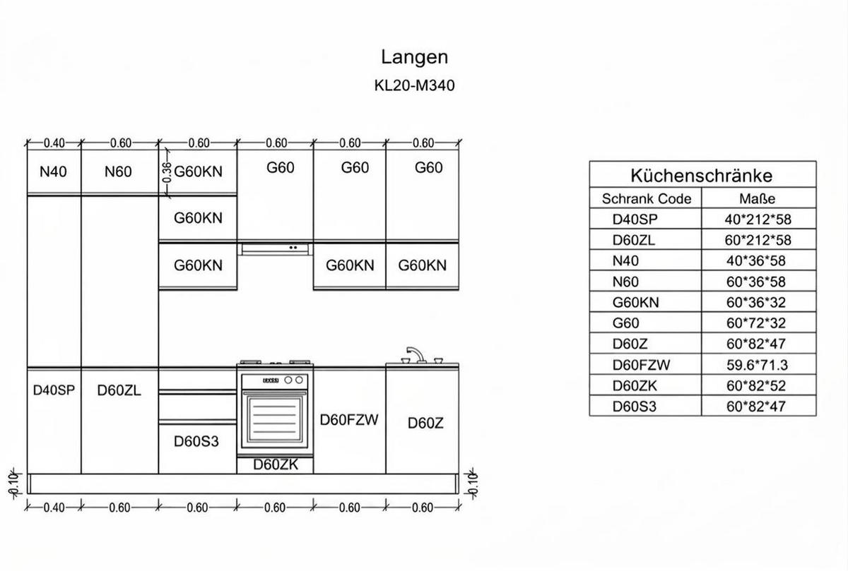 KÜCHENZEILE 340 cm - Langen KL20-M340 - in Grau / Matt - Grau, Holz (340/248/58cm)