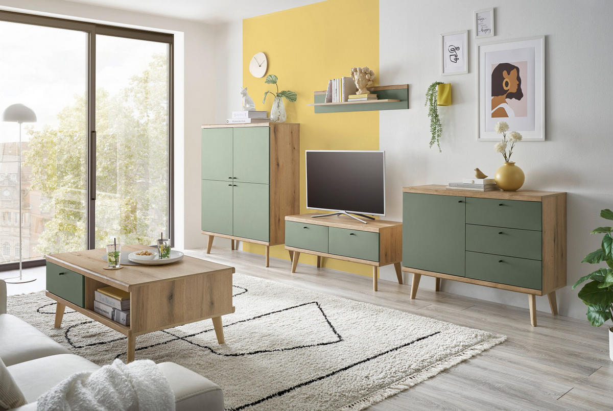 HIGHBOARD Salbei grün, Eiche Evoke, skandinavisch 107 cm, Kommode mit viel Stauraum - Salbeigrün/Eichefarben, Holz/Holzwerkstoff (107/134/40cm) - Furn.Design