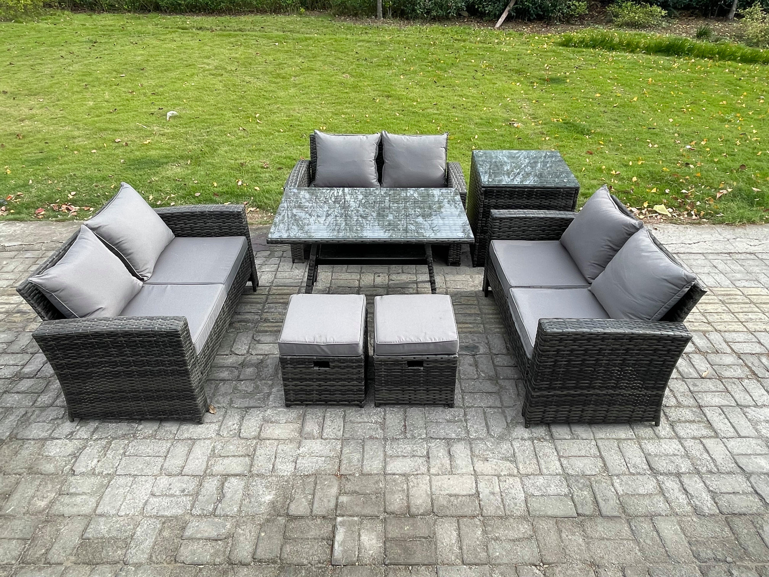 GARTENMÖBELSET mit ESSTISCH,HOCHLEHNER-SOFA Polyrattan Dunkelgrauer Mix 8-Sitzer - Dunkelgrau/Grau, Glas/Kunststoff - Fimous