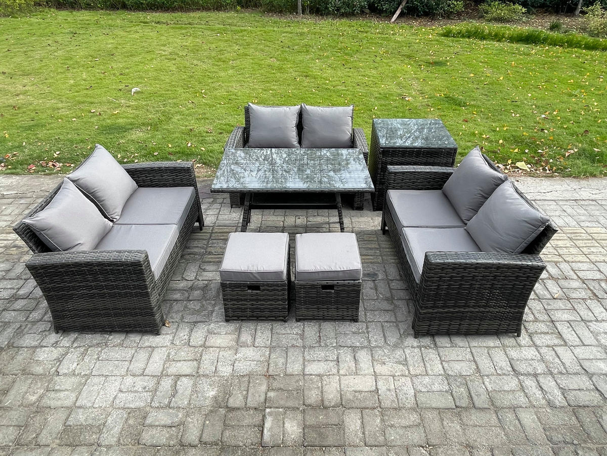 GARTENMÖBELSET mit ESSTISCH,HOCHLEHNER-SOFA Polyrattan Dunkelgrauer Mix 8-Sitzer - Dunkelgrau/Grau, Glas/Kunststoff - Fimous