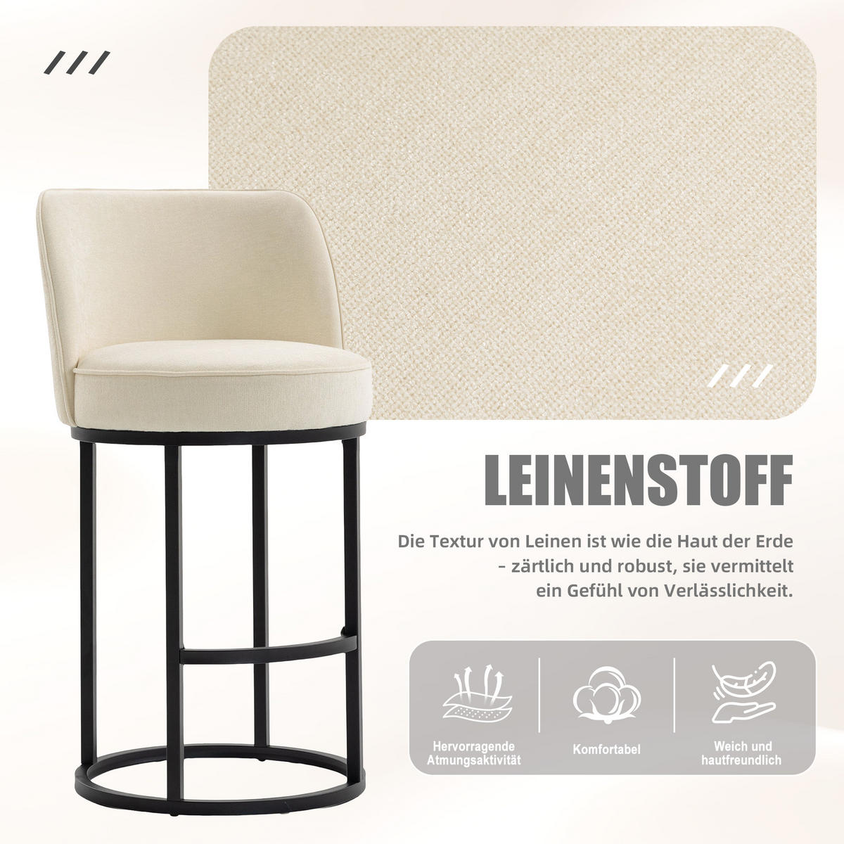 BARHOCKER 2er-Set mit Leinenbezug und Metallbeinen, Beige - Beige, Textil (46.5/88.5/49.5cm)