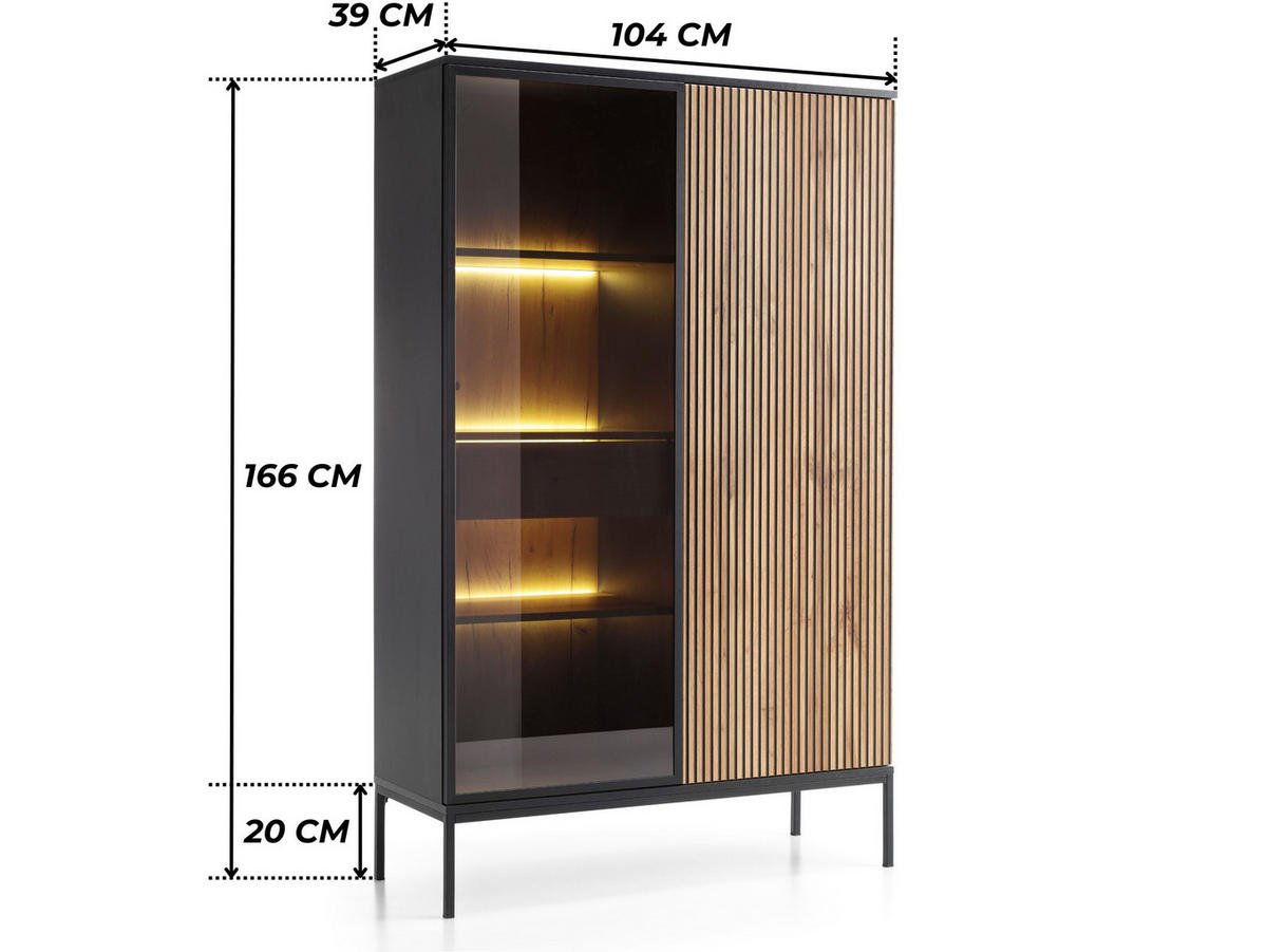 MODERNE Geriffelte Hochvitrine LAGOS W2D1SZ (Schwarz, Eiche Wotan, LED, Metallfüße, Push to Open) - Eiche Wotan/Schwarz, Glas/Holz (104/166/39cm) - Ravio