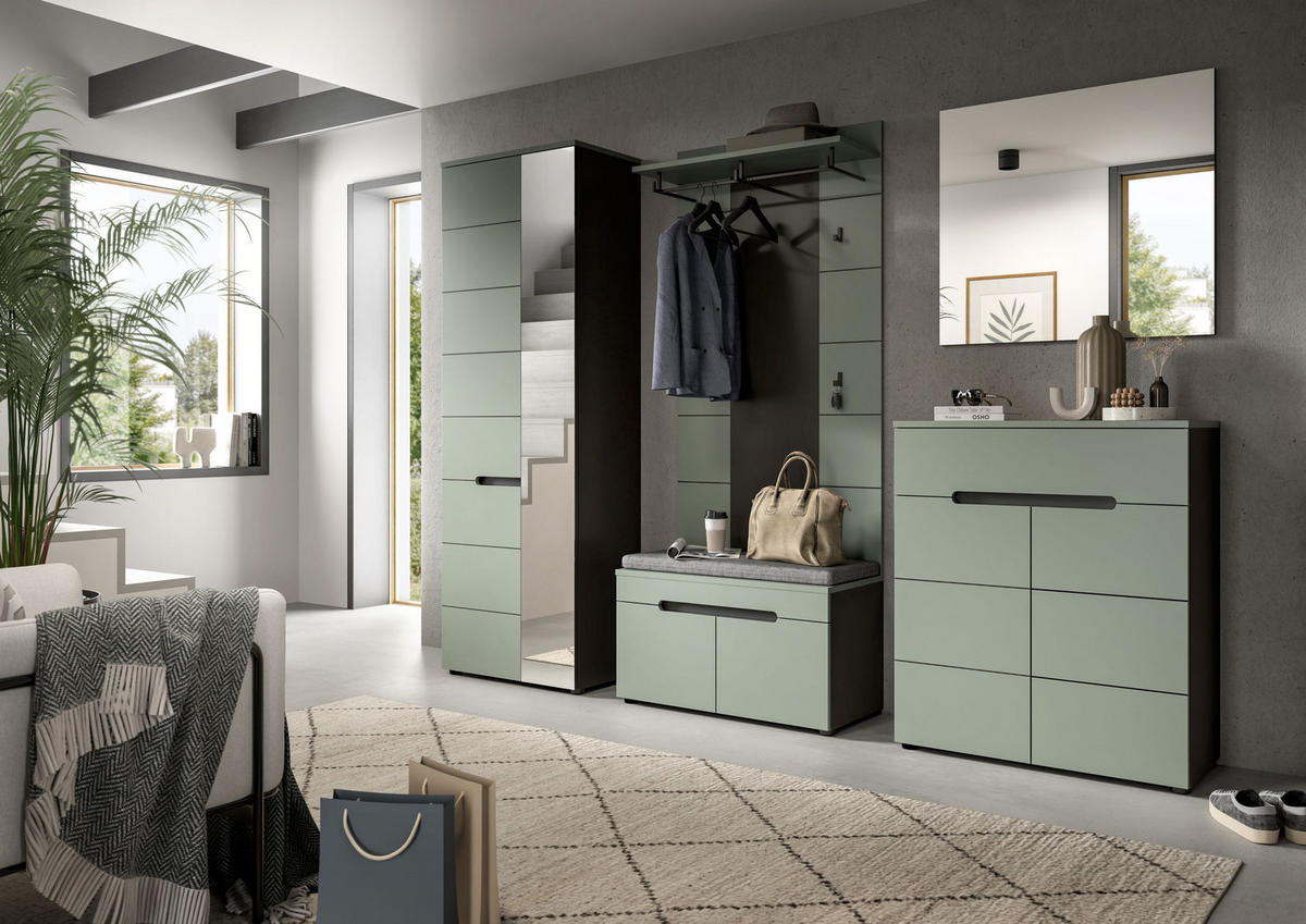 SITZBANK inkl. Sitzkissen CANU (B/H/T: ca. 80/45/37 cm) in Basalt grau/Smoke Green - Grau, Holzwerkstoff (80/45/37cm)