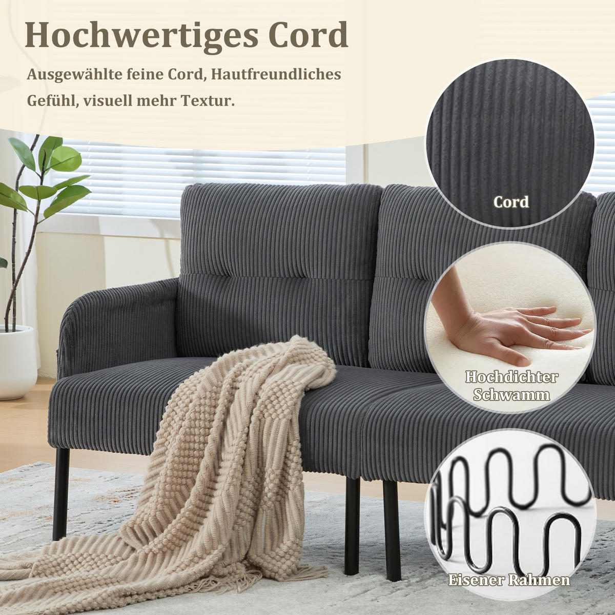 3-SITZER Sofa mit Seitentaschen, Metallgestell & Leinenstoff, 171cm, Grau - Schwarz/Grau, Textil/Metall (171/80/72cm) - LVHOM
