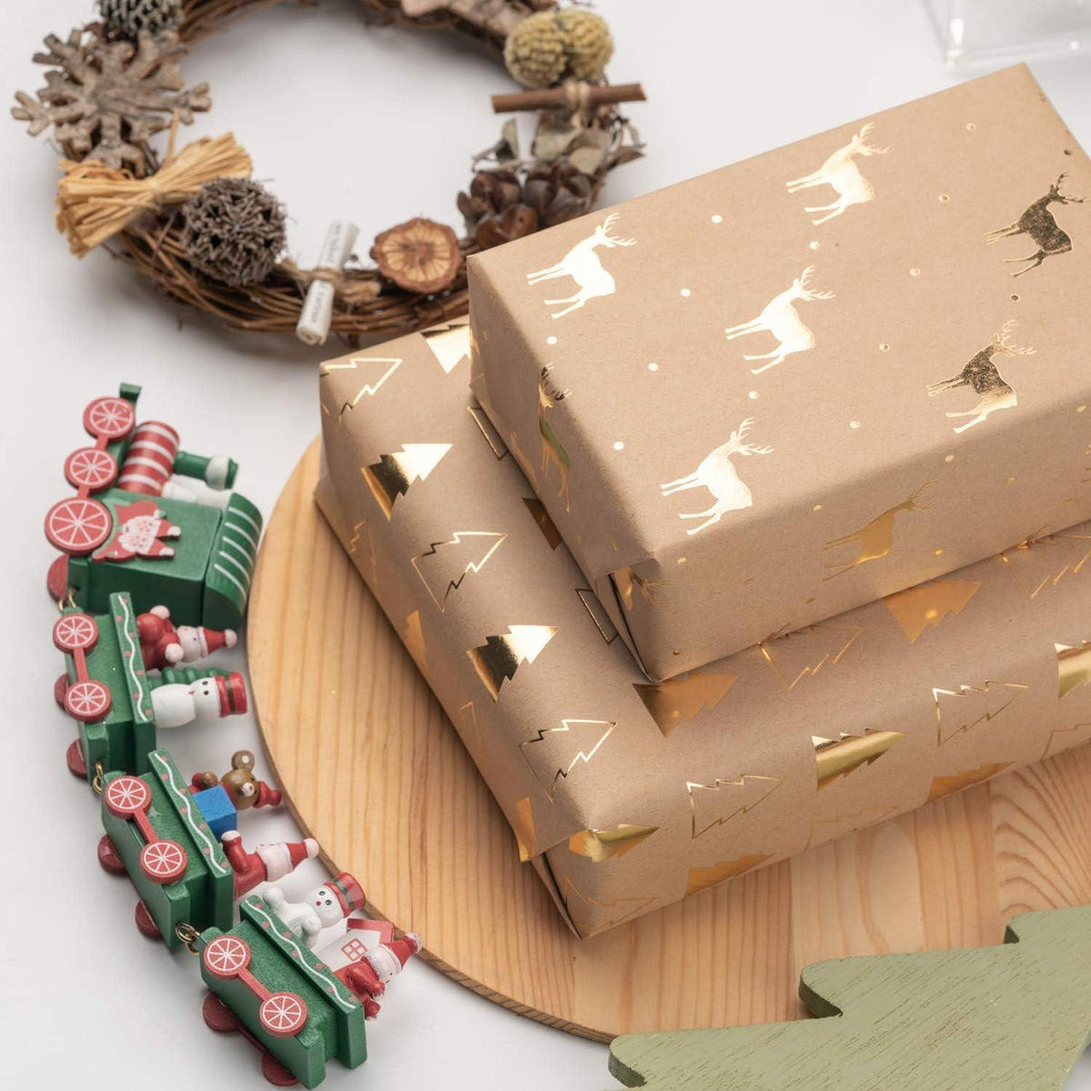 GESCHENKPAPIER 6 Blatt Rolle Kraftpapier Goldfolie Weihnachtsbaum Rentier 44,5 x 76 cm - Multicolor, Papier (44.5/0.1/76cm)