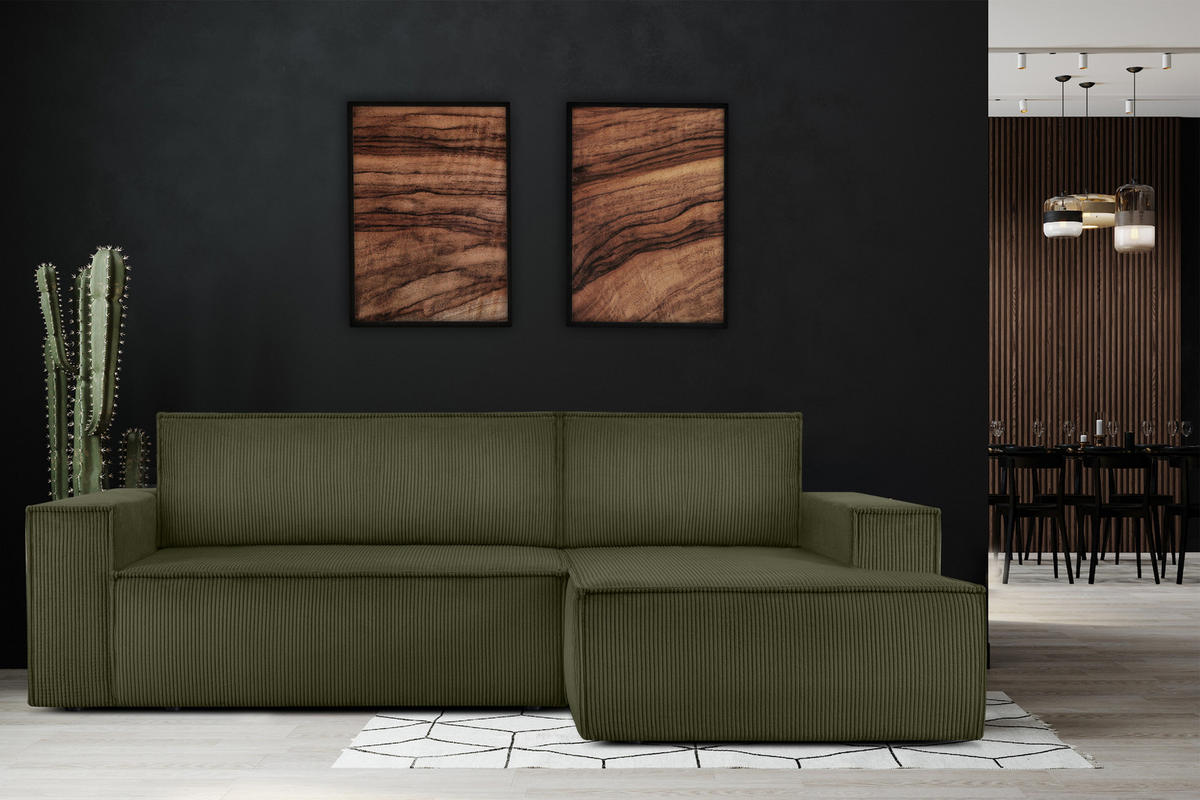 ECKSCHLAFSOFA-RECHTS NAPI in Pet Friendly Cord-Stoff, oliv - Schwarz/Olivgrün, Textil (262/148cm) - KONSIMO®