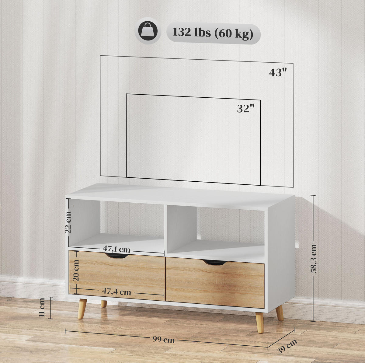 NISKA komoda od drva, 99/39/58 cm bijeli, s 2 ladice i otvorenim pretincima - bijela, drvni materijal (99/58.3/39cm) - Modenvie