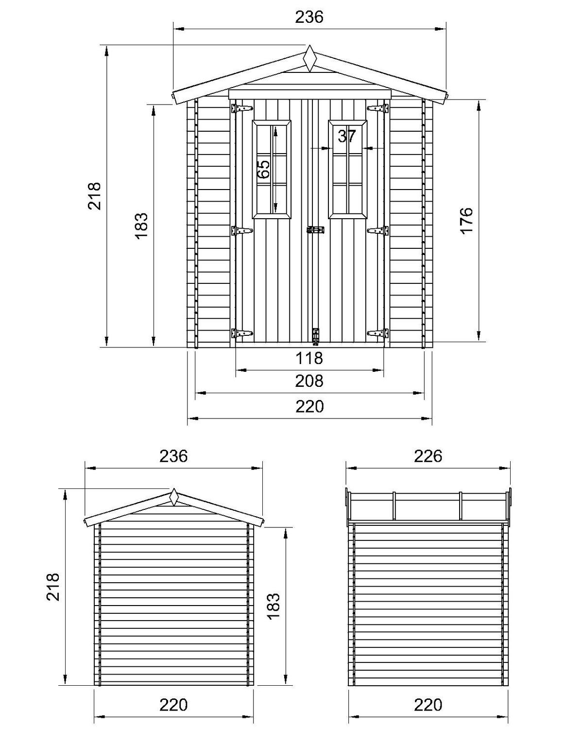 GARTENHAUS aus Holz - B236xL226xH218 cm/ 4.33 m2 - M369C - Beige, Holz (220/218/226cm) - Timbela