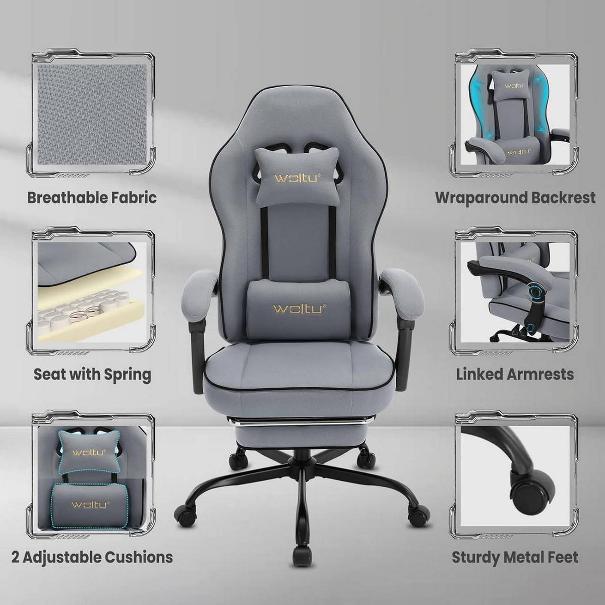 GAMINGSTUHL Drehstuhl, Netzstoff, Grau - Schwarz/Grau, Kunststoff/Textil (63.5/117.5/60cm) - Woltu