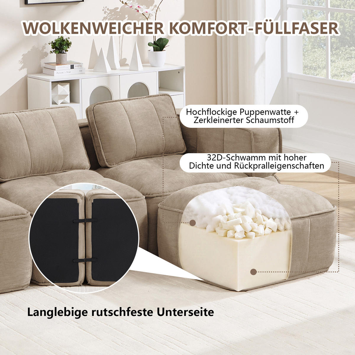 2-SITZER-SOFA DE-34428 modular mit 2 Hockern Sand - Sandfarben, Textil (162/67/198cm) - ComfortXL
