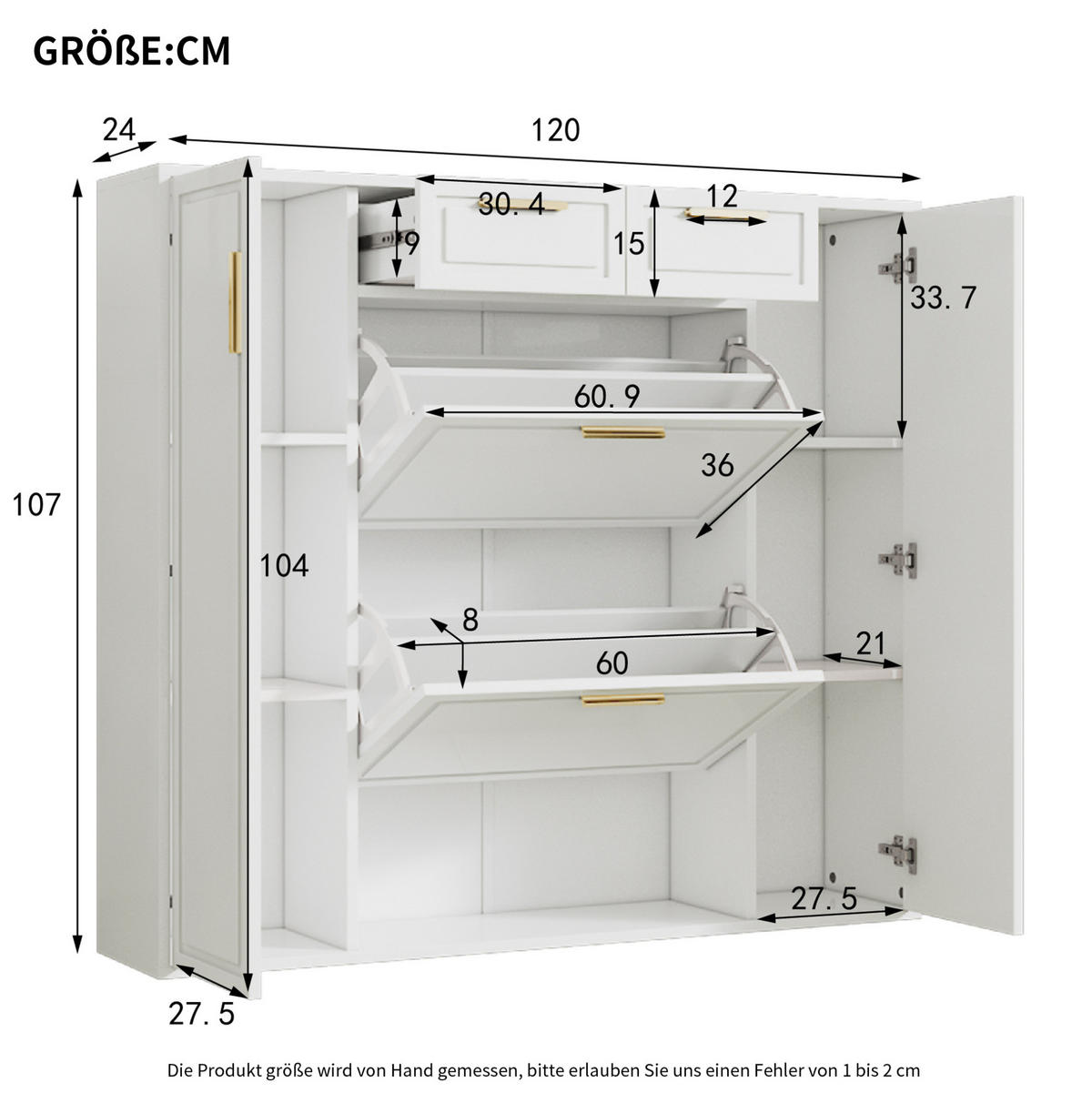 SCHUHSCHRANK aus MDF & Spanplatte 120x24x107cm in Weiß mit Schubladen - Weiß, Holzwerkstoff (120/107/24cm) - Modfu