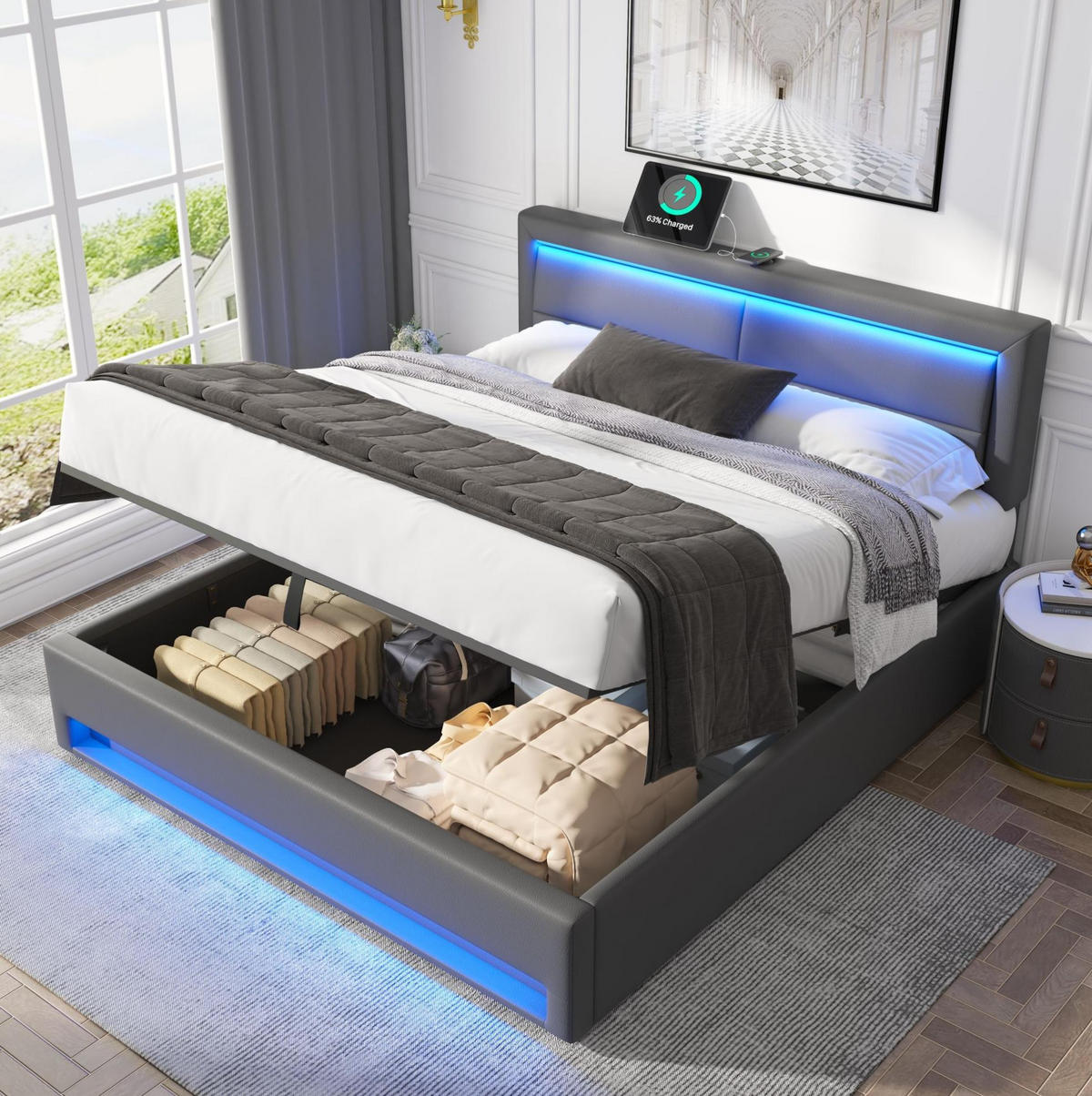 POLSTERBETT 140/190 cm aus PU mit USB-Anschluss, kabellosem Laden, LED-Beleuchtung und Stauraum, Grau - Grau, Leder (140/190cm) - Redom