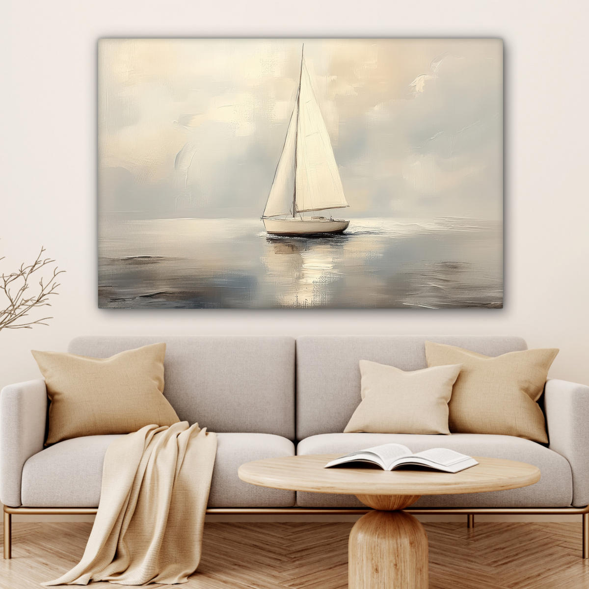 LEINWANDBILD Segelschiff - Meer - Bewölkt Wohnzimmer Groß 120x80 cm - Creme, Textil (120/80cm) - MuchoWow