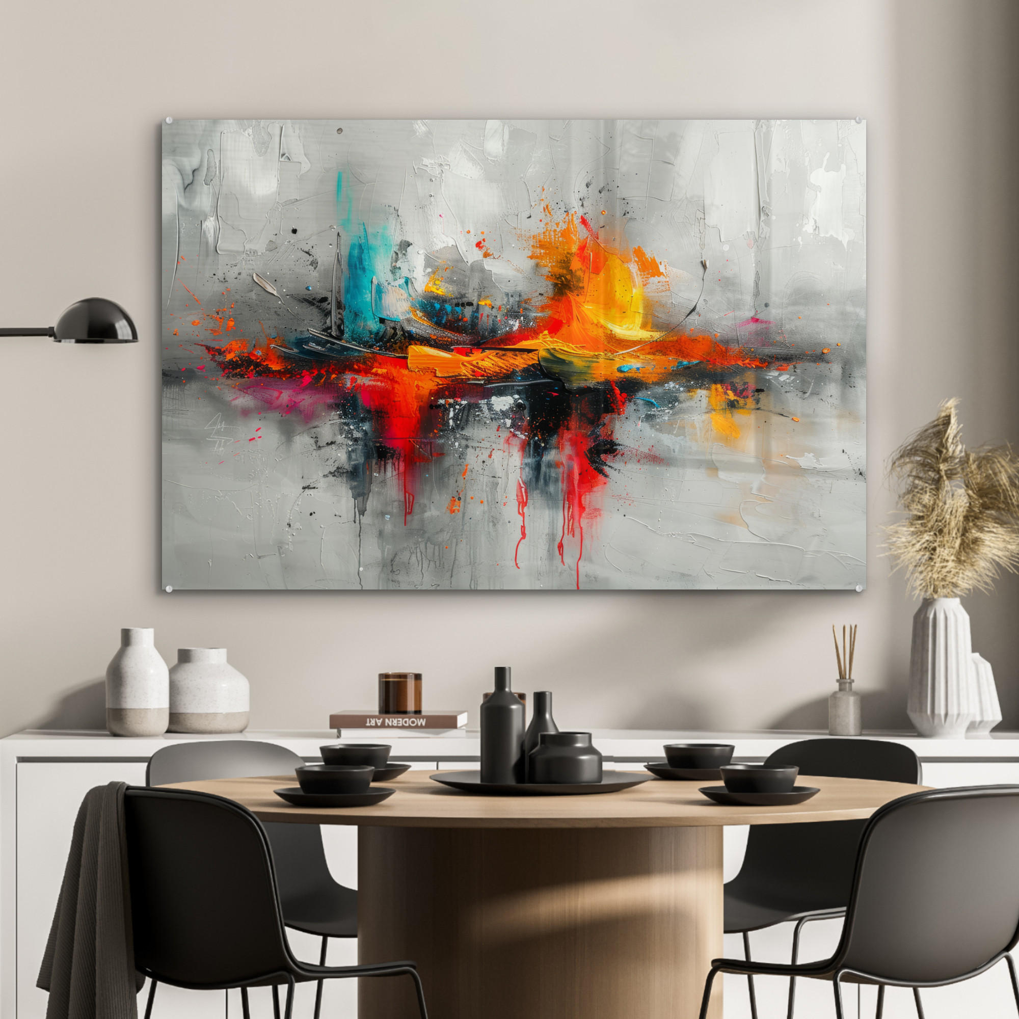 ACRYLGLASBILD Moderne Kunst - Orange - Grau - Abstrakt 120x80 cm - Hellgrau, Glas (120/80cm) - MuchoWow
