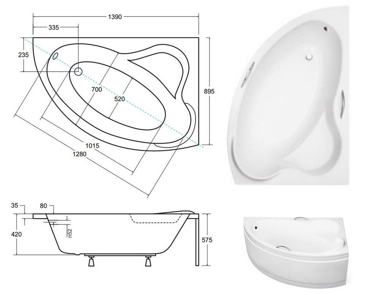 BADEWANNE Eckwanne ADA 140/90 Rechts Ablauf & Füße - Weiß, Kunststoff (90/57.5/140cm) - bad land