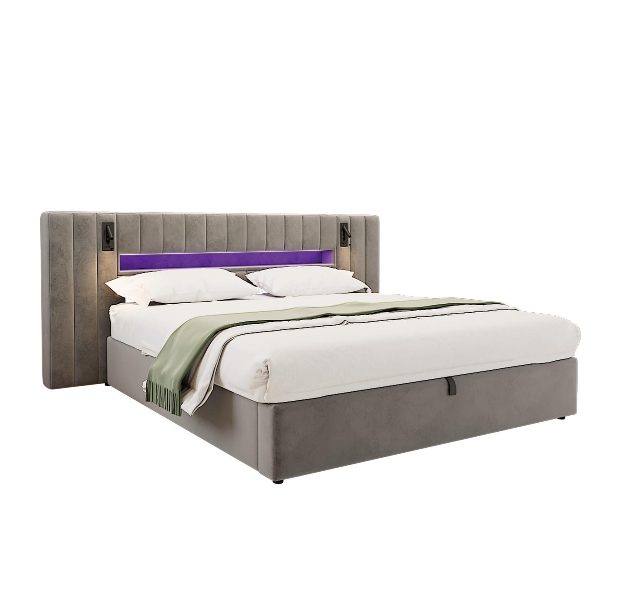 POLSTERBETT 180/200 cm mit LED-Beleuchtung, USB-Anschlüssen, Nachttischlampe und Bettkasten, Grau - Grau, Textil (180/200cm) - Redom