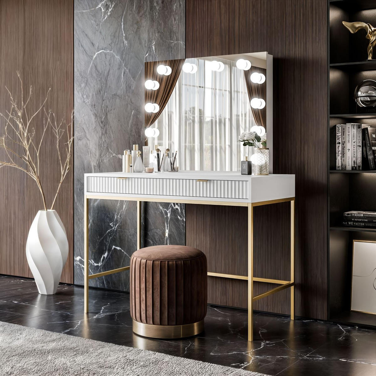 SCHMINKTISCH MIT SPIEGEL CORTADO ELITE GOLD WEISS - Weiß, Holzwerkstoff (104/78/50cm) - Lookway