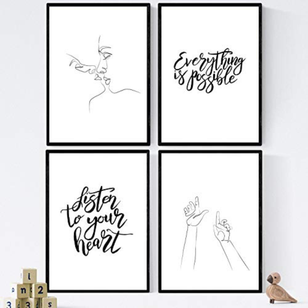POSTER Set mit 4 ‚Hör auf dein Herz‘ A4 Schwarzer Rahmen - Schwarz, Papier (29.7/3cm) - Nacnic