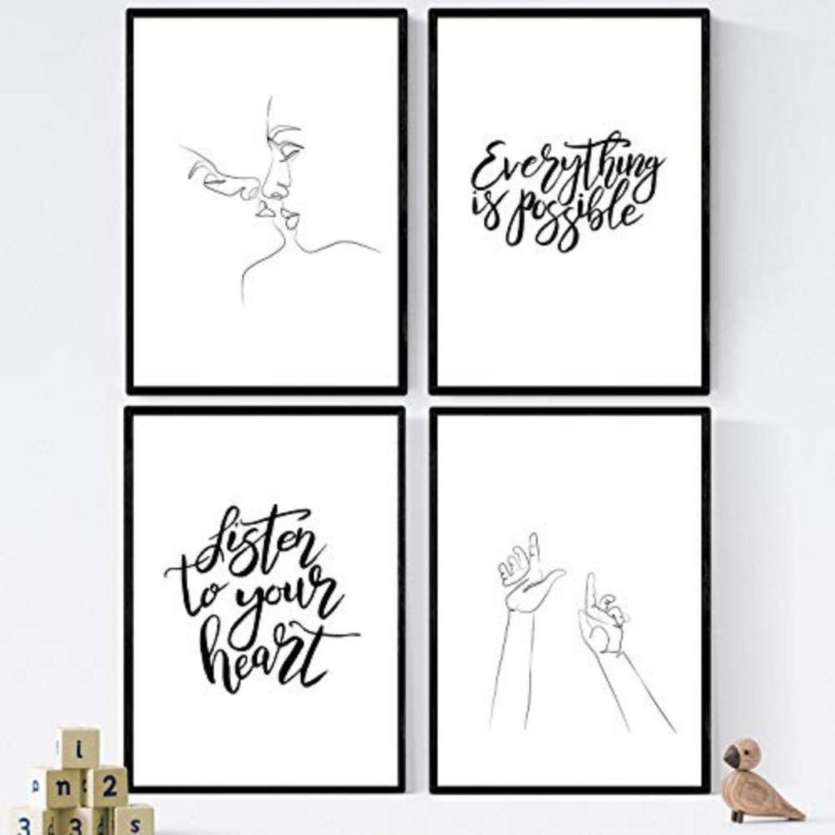 POSTER Set mit 4 ‚Hör auf dein Herz‘ A4 Schwarzer Rahmen - Schwarz, Papier (29.7/3cm) - Nacnic