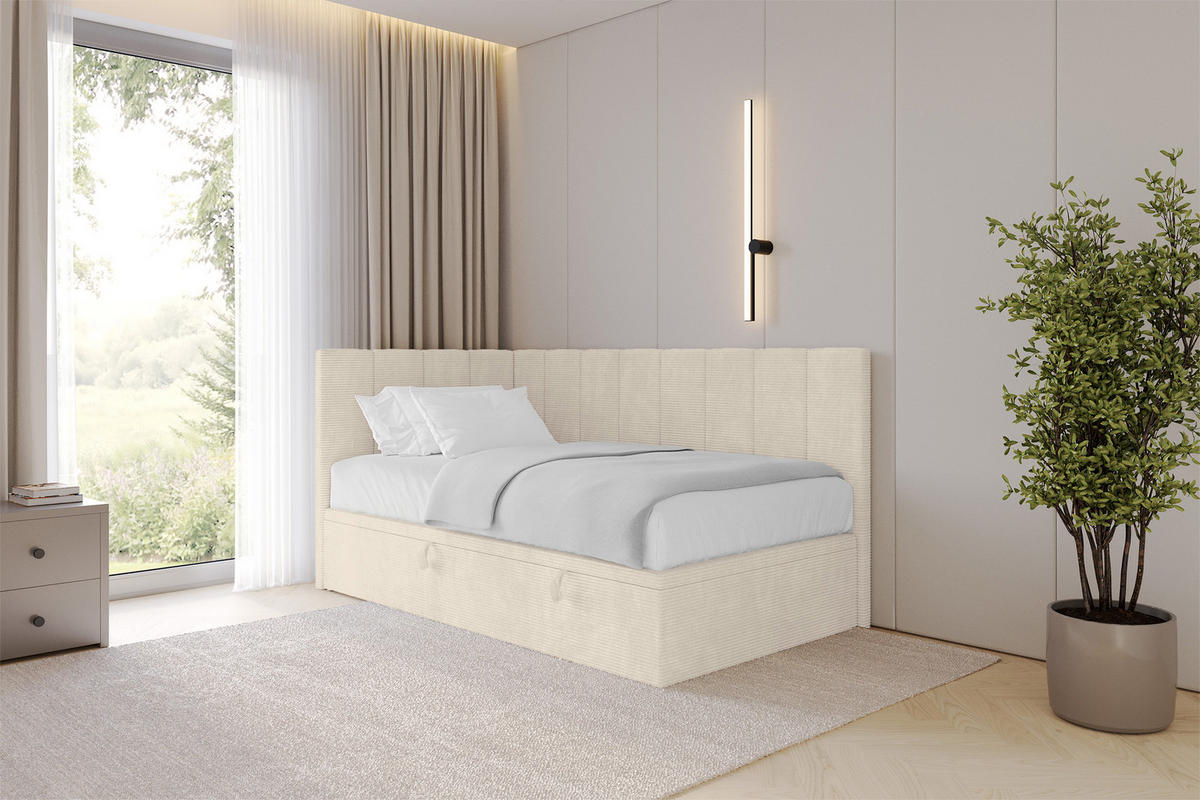 EINZELBETT Jugendbett mit Bettkasten Rechts, ohne Matratze - LOVY 90x200 Beige - Sandfarben, Holzwerkstoff/Textil (90/200cm) - ALTDECOR