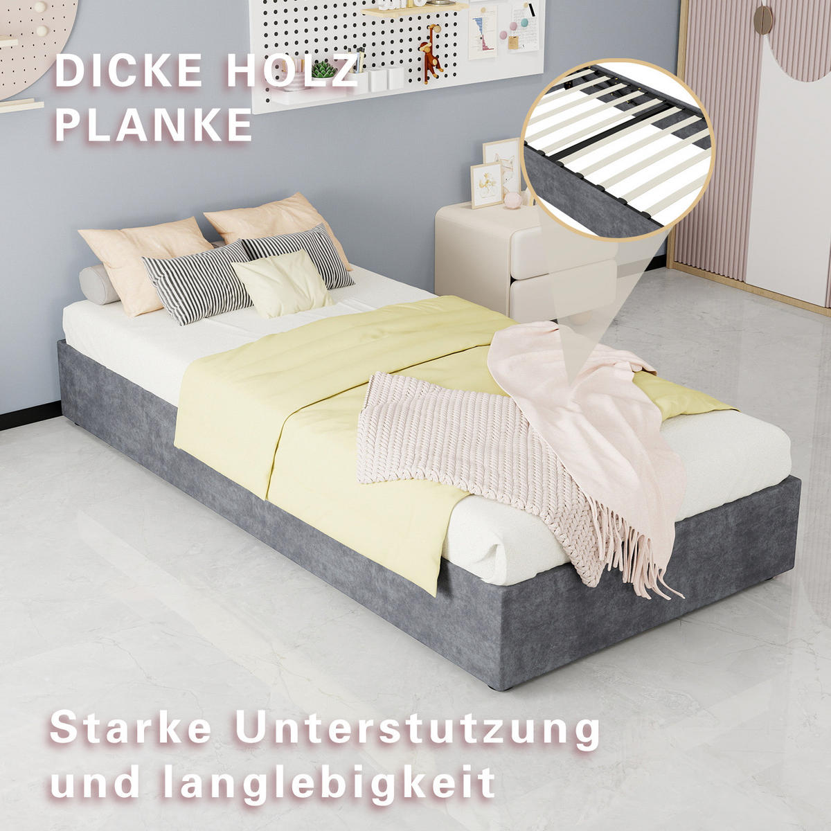 POLSTERBETT 90/200 cm mit stabilem Metallgestell und Gaslift, Grau - Grau, Textil (90/200cm) - Redom