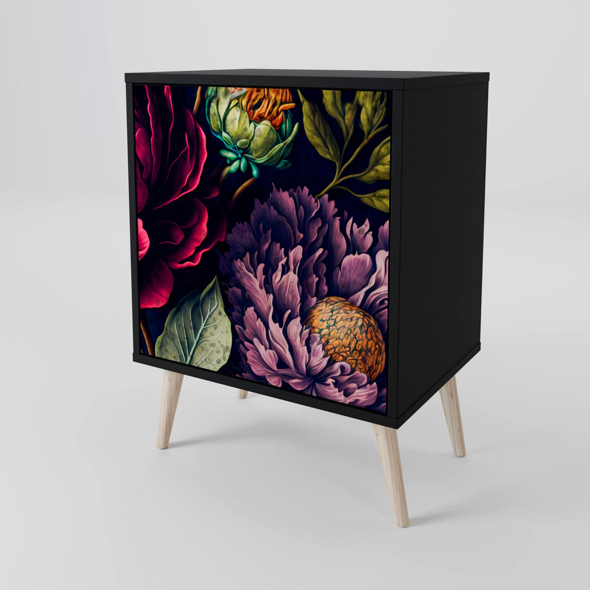 SIDEBOARD BLOOMING ELEGANCE, Schwarz, 57,5x42x75,5 cm, Goldfarbene Metallfüße - Goldfarben/Multicolor, Holzwerkstoff/Metall (57.5/75.5/42cm) - SpaceRebels