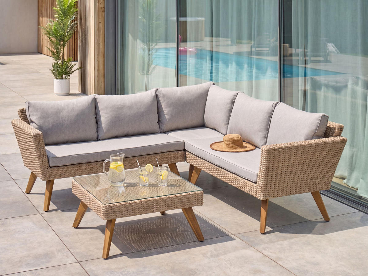 GARTEN-ECKSOFA mit Tisch 6-Sitzer Polyrattan Grau Vittoria - Dunkelgrau/Braun, Kunststoff - Beliani