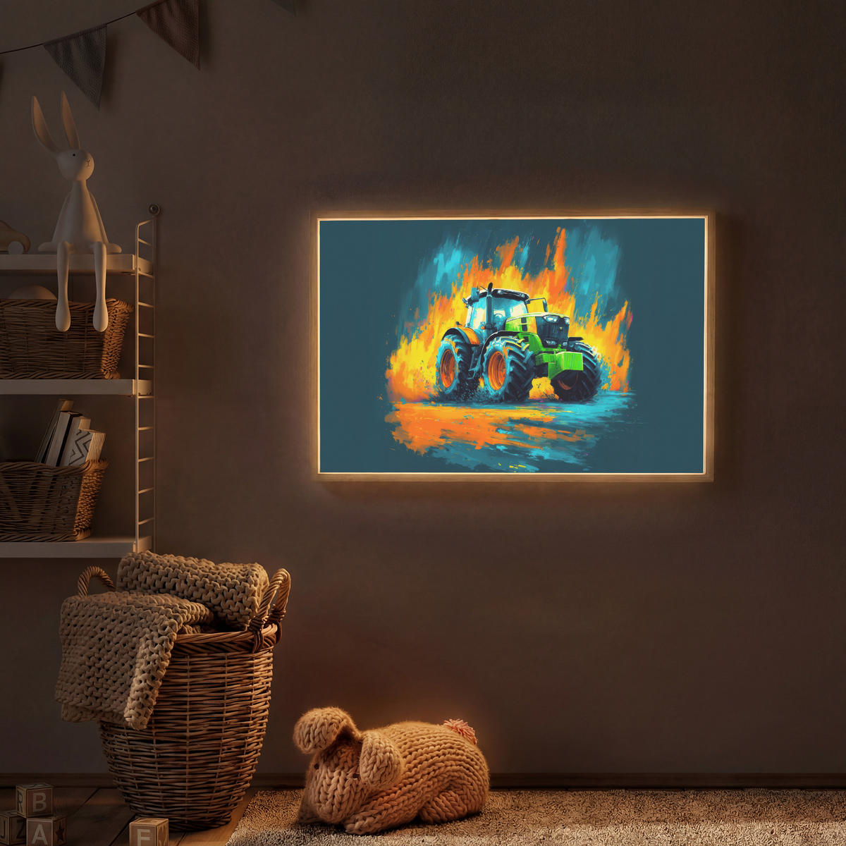 NÁSTĚNNÁ LAMPA S AKUMULÁTOREM Abstrakt - Traktor - Zelený 100x70 cm - tmavě modrá, kompozitní dřevo (100/70/8cm) - OnlyWow