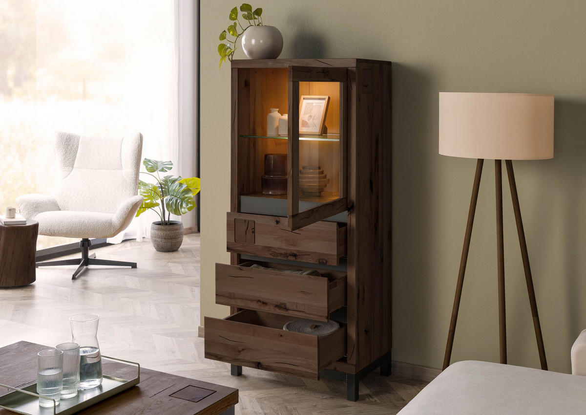 VITRINE Kernbuche 65x40x148 tabacco braun geölt VILLANDERS #203 - Braun, Holz (65/148/40cm) - Massivmoebel24