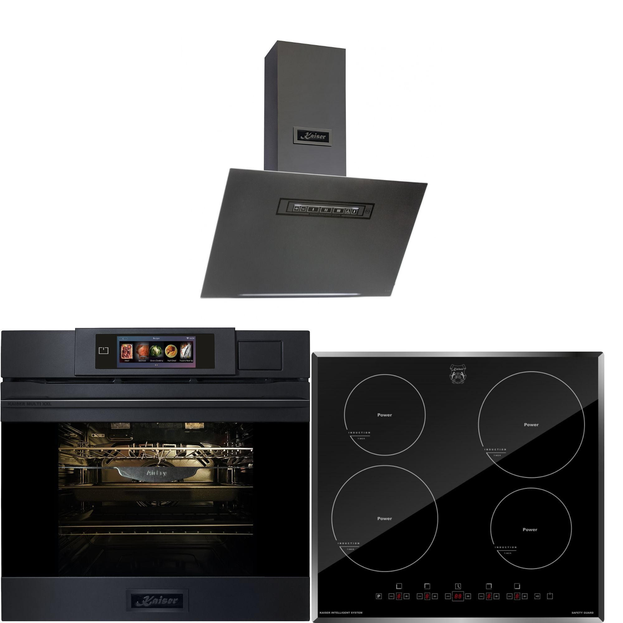 BACKOFEN-SET Multifunktions-Dampfbackofen mit Dampfreinigung 60 cm EH 6341 + Induktionskochfeld KCT 6105 FI + Dunstabzugshaube AT 6402 ECO - Grau, Metall (59.4/59.4/57.5cm) - Kaiser Küchengeräte