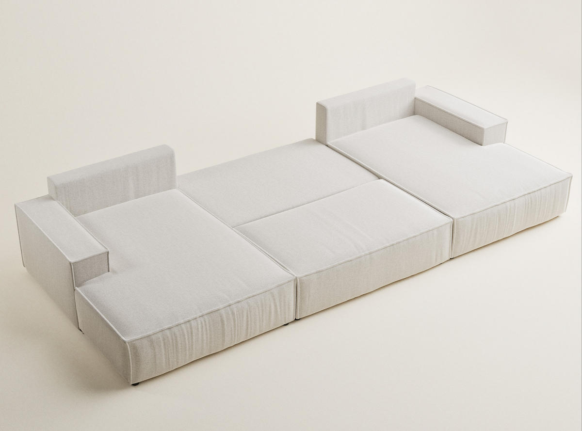 WOHNLANDSCHAFT Kyoto Hellbeige Webstoff - Creme/Schwarz, Holz/Holzwerkstoff (398/70/148cm) - Maison de Reve