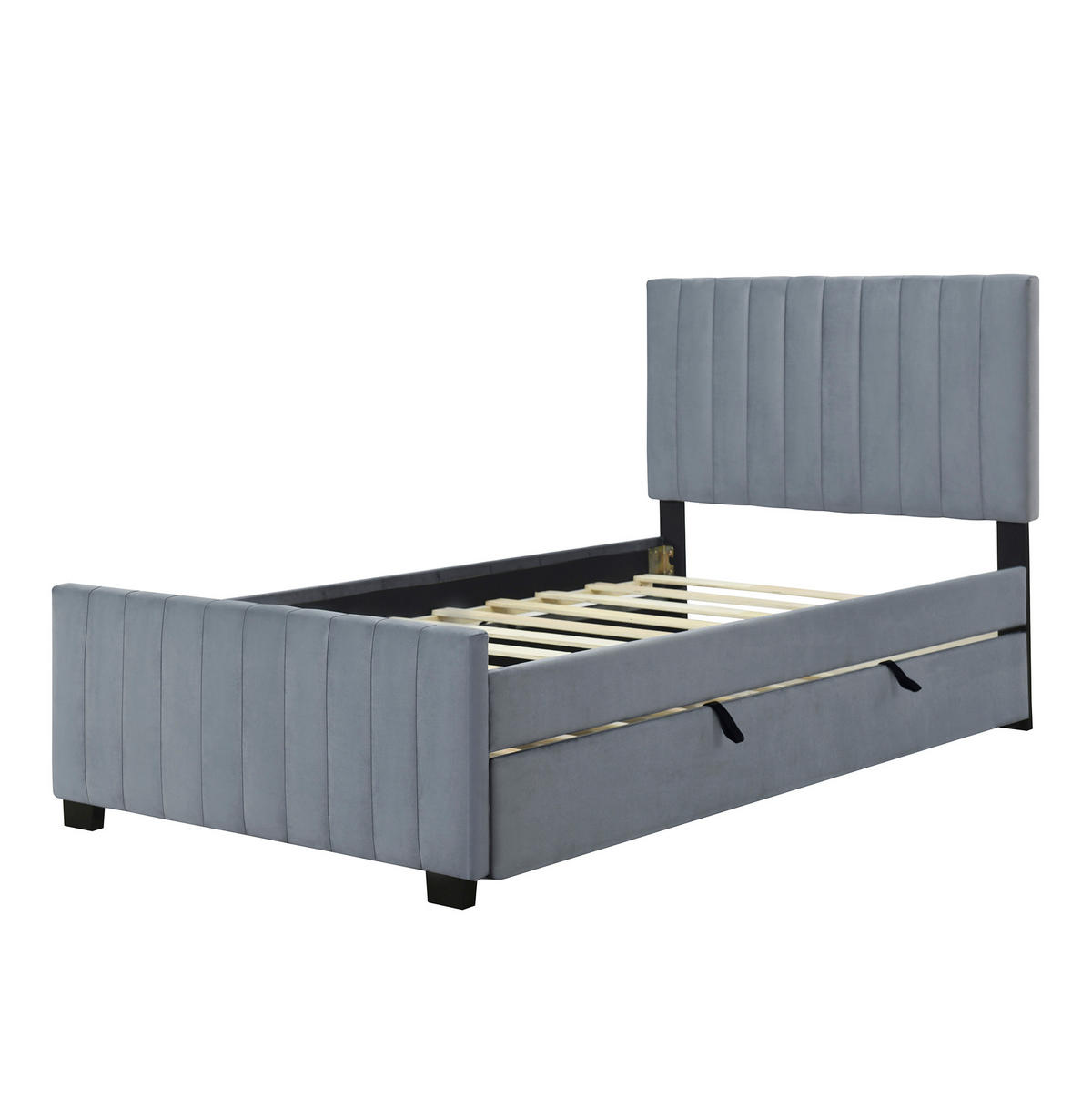 POLNJENA postelja iz MDF, kovine in žameta 90x190 cm siva z izvlečnim ležiščem in stabilno konstrukcijo - siva, tekstil (90/190cm) - Modfu