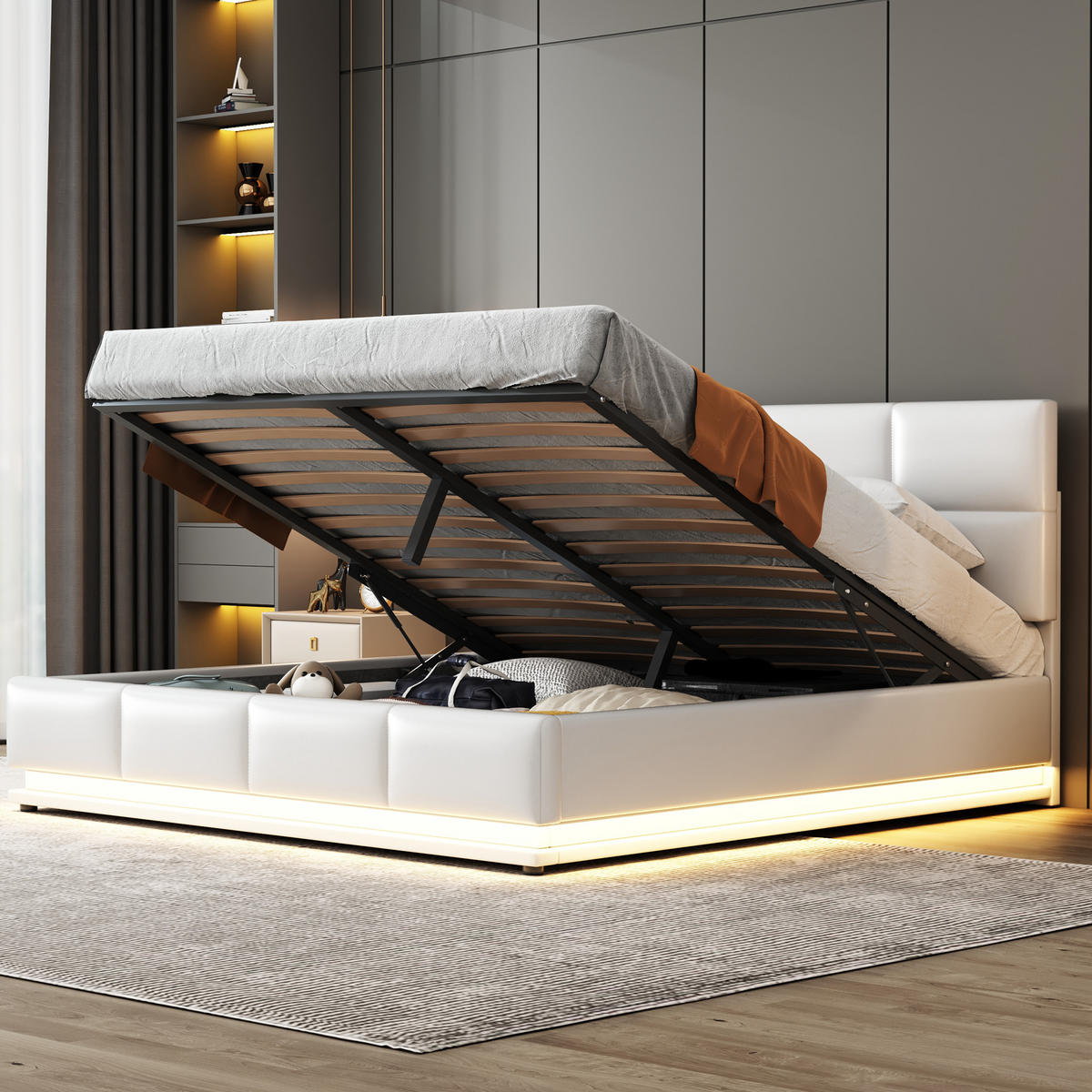 POLSTERBETT 160/200 cm Weiß mit LED und hydraulischem Stauraum (ohne Matratze) - Weiß, Textil (160/200cm) - Oxeza