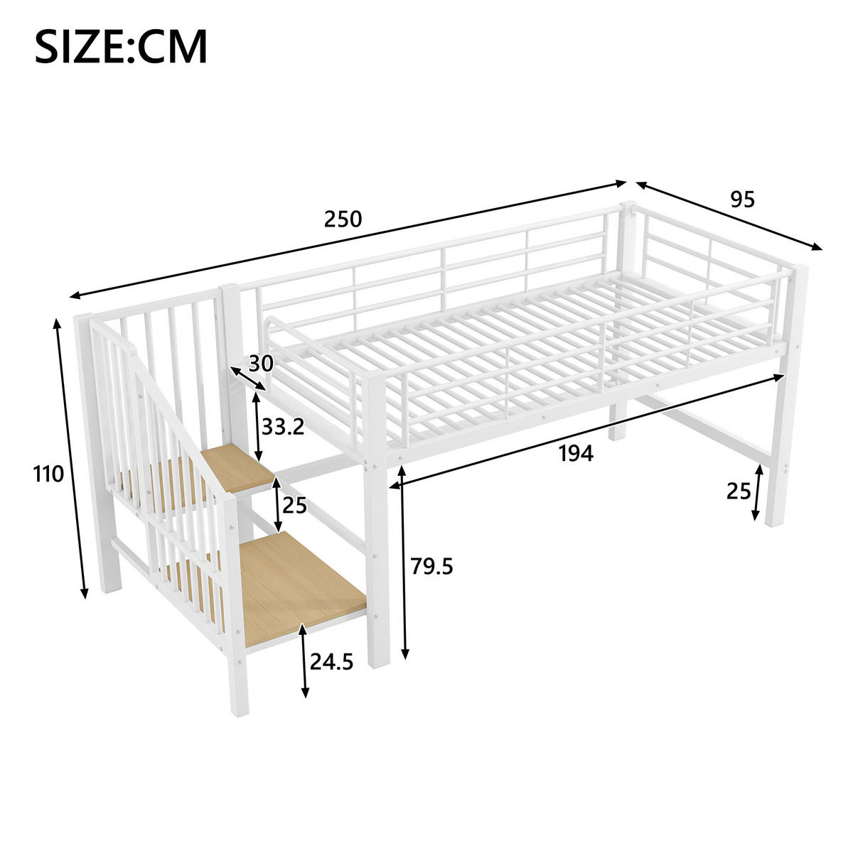 HOCHBETT Halbhohes Hochbett 90/200 cm aus MDF und Metall mit Stauraumtreppe Weiß - Weiß, Holzwerkstoff (90/200cm) - Modenvie