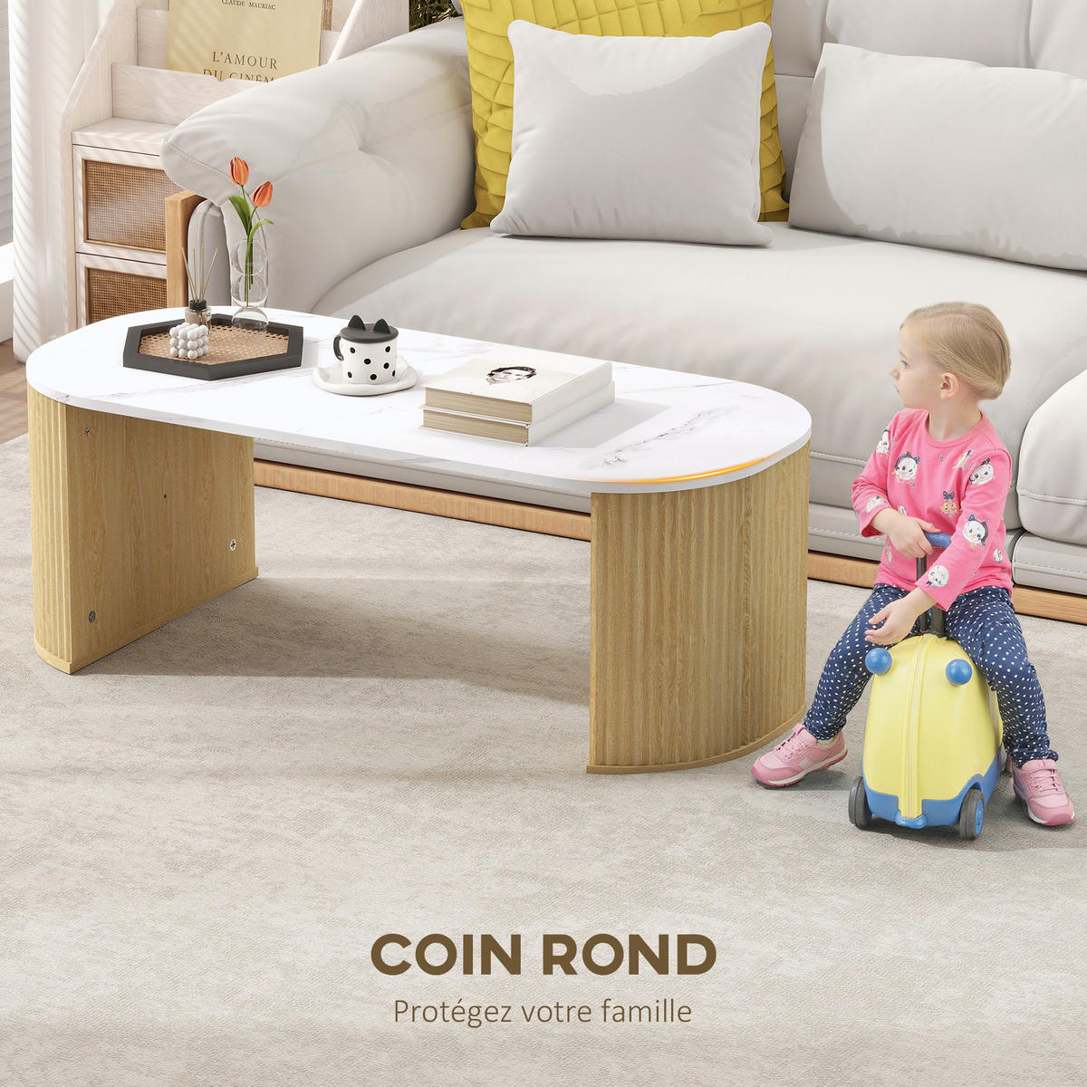 COUCHTISCH DE-15797 oval mit Marmoroptik Weiß - Naturfarben, Holzwerkstoff (110/50/40cm) - ComfortXL