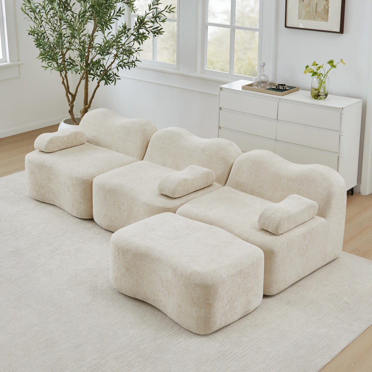 ECKSOFA Samt Beige mit Hocker - Beige, Textil (288/167cm) - WISHDOR