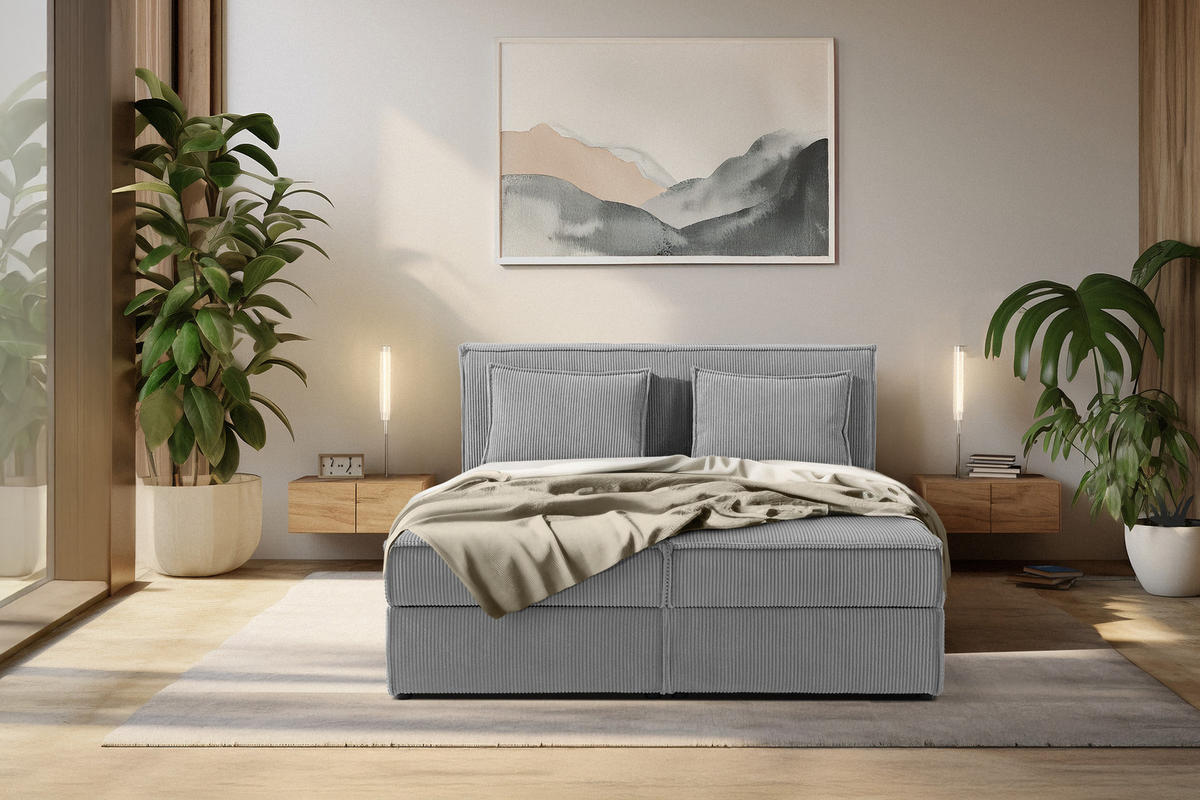 BOXSPRINGBETT ROTI mit Stauraum, hellgrau - Hellgrau/Schwarz, Holz/Holzwerkstoff (140/200cm) - KONSIMO®