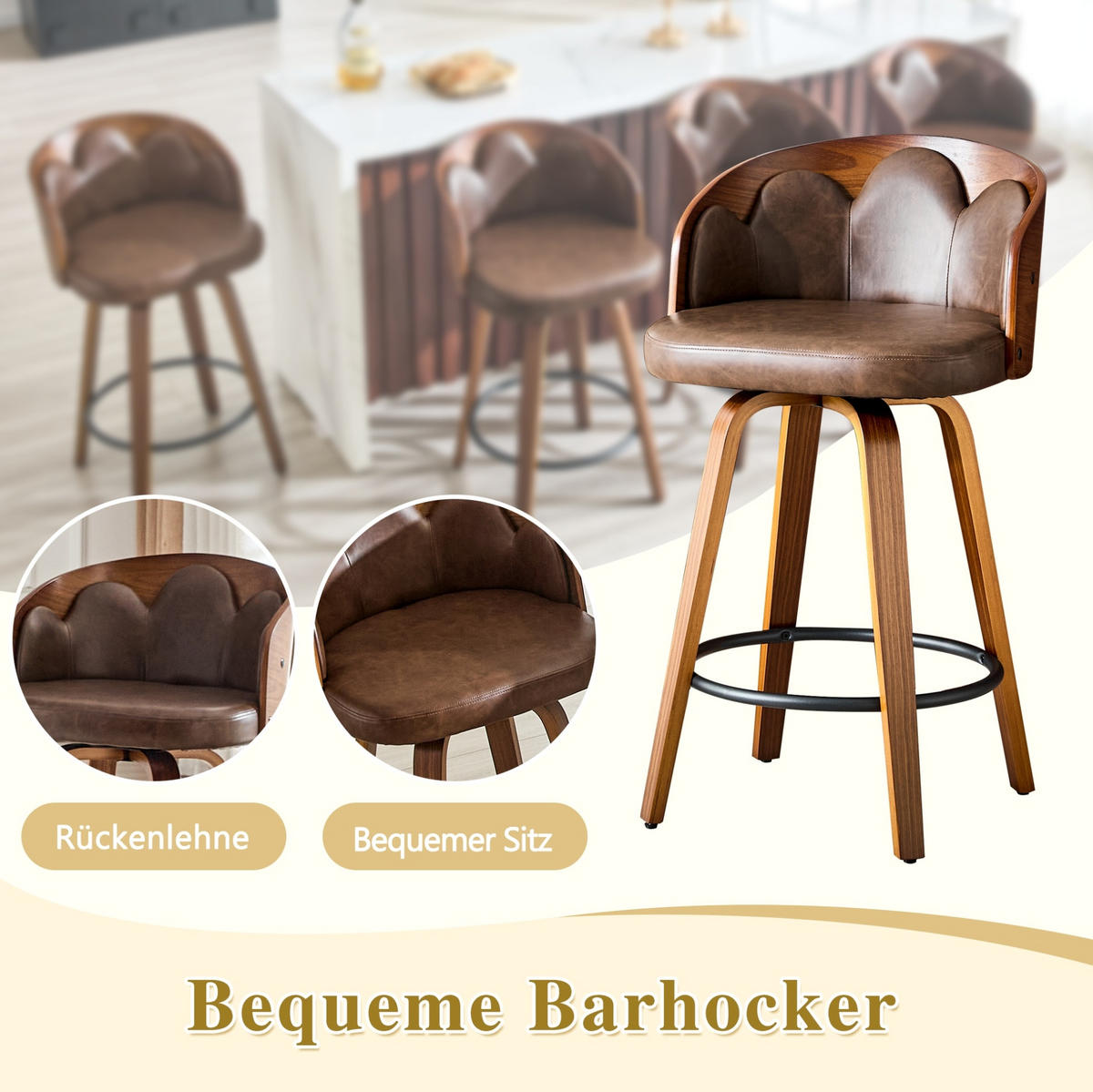 BARHOCKER mit Blüten-Rückenlehne, Bugholz, PU-Leder und Metall-Fußstütze - Braun, Holz (41.5/89/46.5cm) - MIVRAY