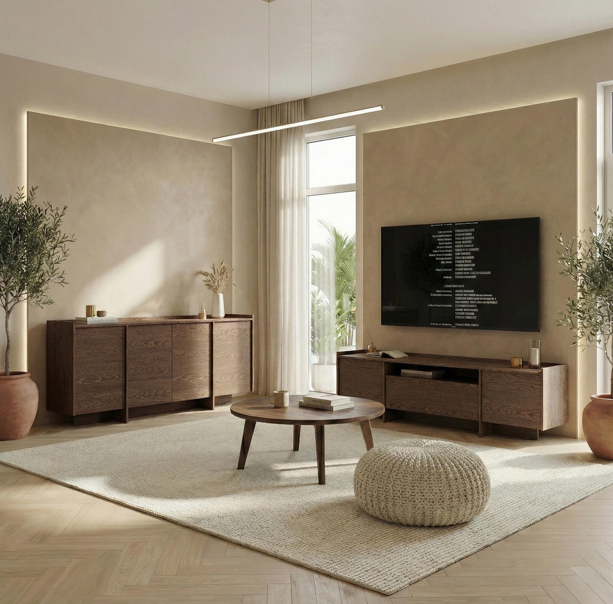 KOMMODE Juni + Lowboard im Japandi Stil, 200 cm, Baltic Storm eiche - Dunkelbraun, Holzwerkstoff (200/90/38cm) - Beautysofa