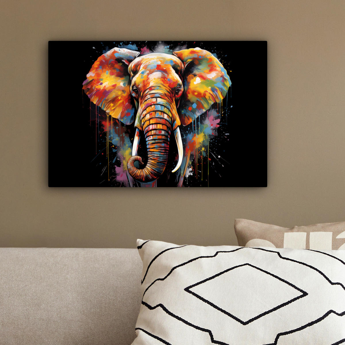 LEINWANDBILD Elefant - Graffiti - Schwarz - Tiere - Farben 30x20 cm - Schwarz, Textil (30/20cm) - MuchoWow