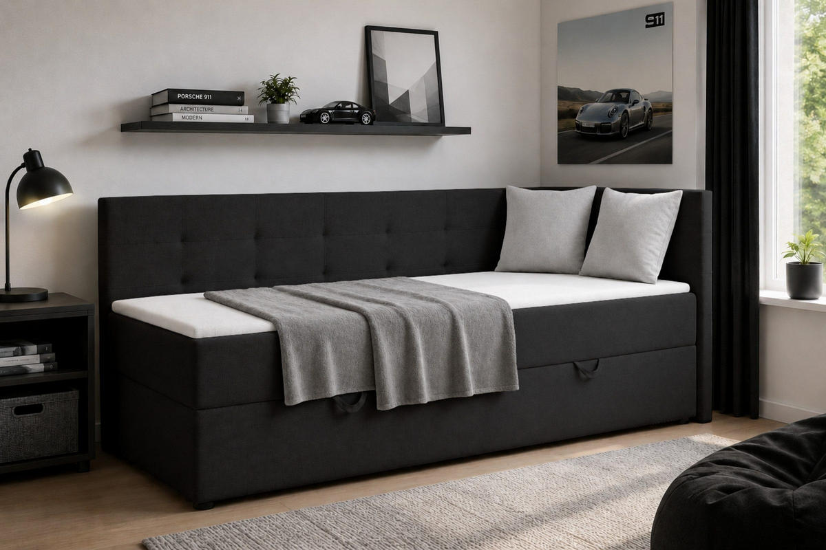 BOXBETT FAVIO 100/200 in Velours Schwarz H3 - Dunkelblau, Holz/Holzwerkstoff (100/200cm) - Deine Möbel 24
