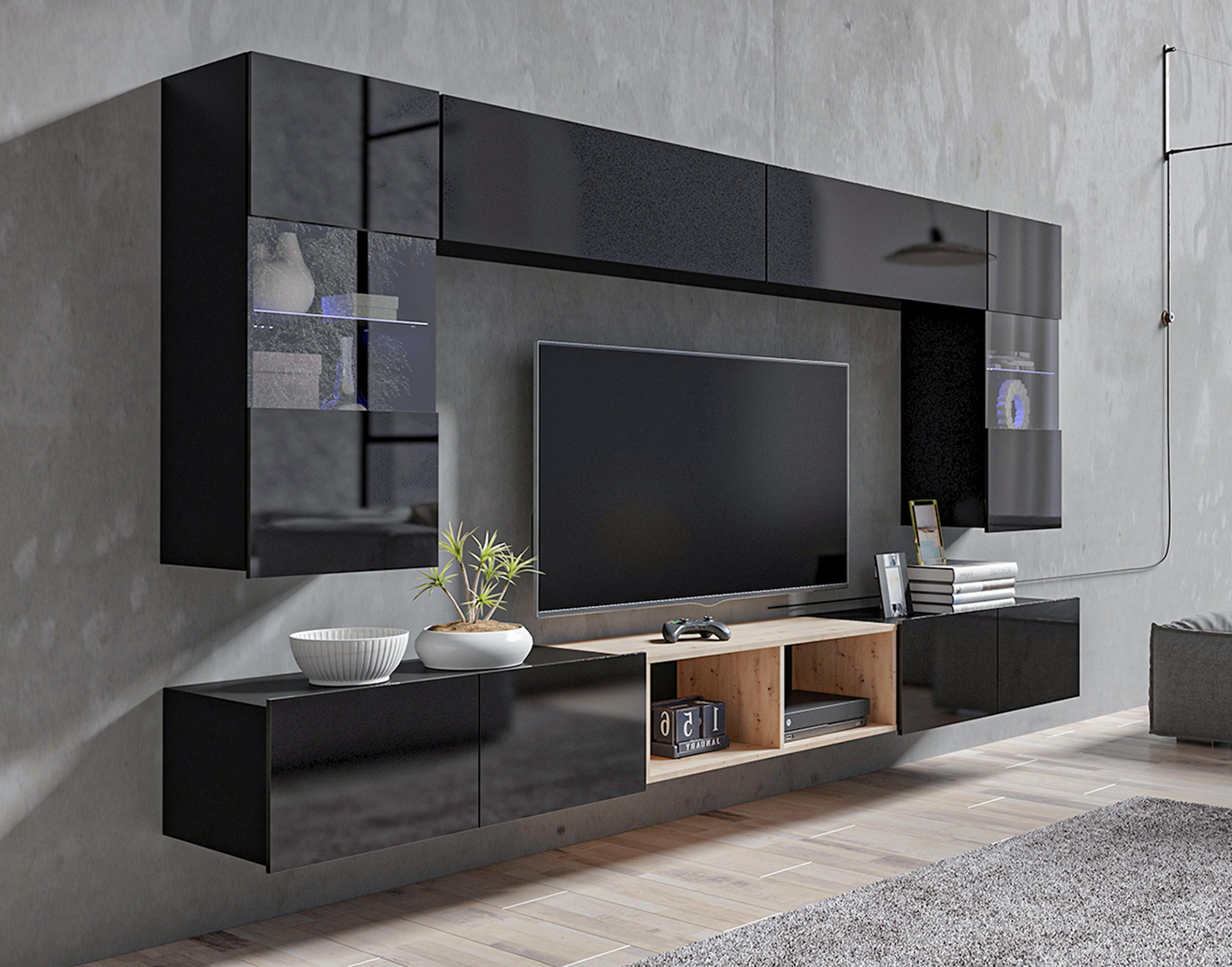 WOHNWAND Kossana 24 Modern Schwarz/Goldene Eiche 300/154/43 cm Wohnzimmermöbel - Schwarz, Holzwerkstoff/Kunststoff (300/157/43cm) - AX Living