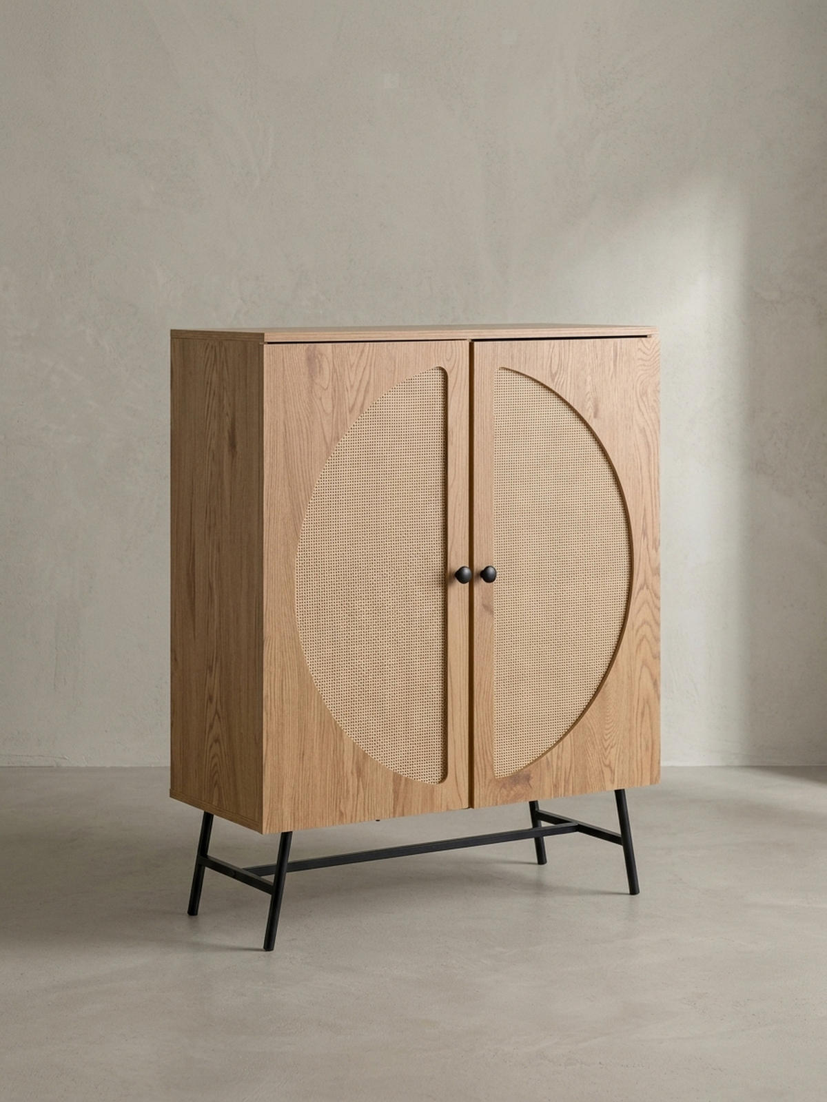 SIDEBOARD – Eiche-Dekor/Rattan, 80x103x39 cm, 2 Türen, hoch - Schwarz/Braun, Holzwerkstoff/Metall (80/103/39cm) - KADIMA DESIGN