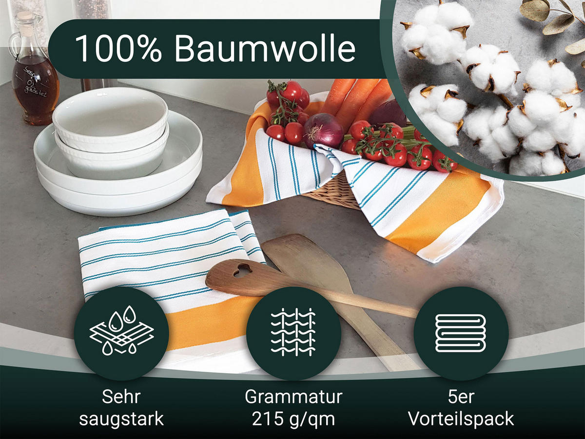 GESCHIRRTÜCHER, 5er-Set, 50x70 cm, 100% Baumwolle, farblich sortiert - Orange, Textil (50/70cm) - Zollner