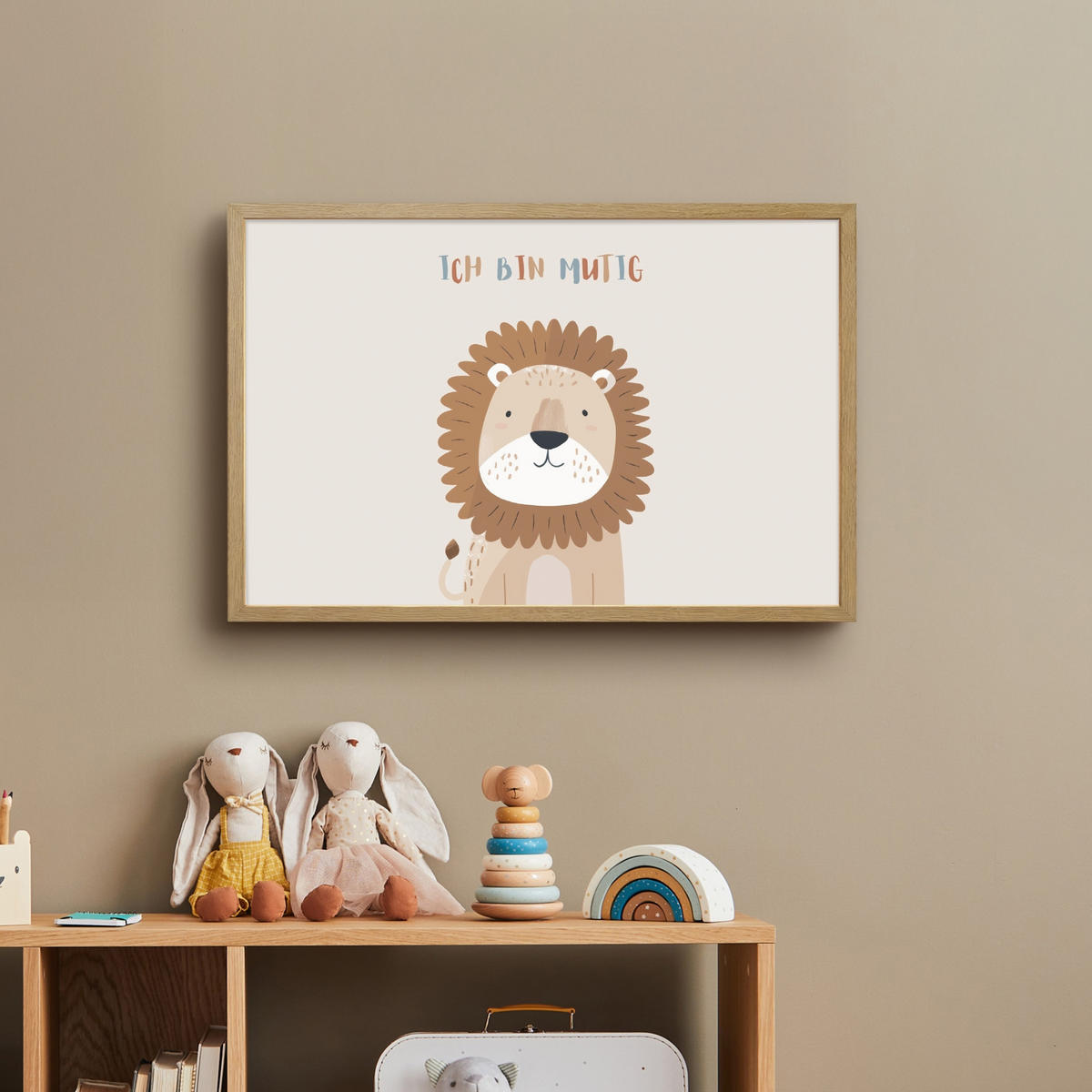 NACHTTISCHLAMPE MIT AKKU Löwe - Beige - Tier - Mutig - Zitat 60x40 cm - Beige, Holzwerkstoff (8/60/40cm) - OnlyWow