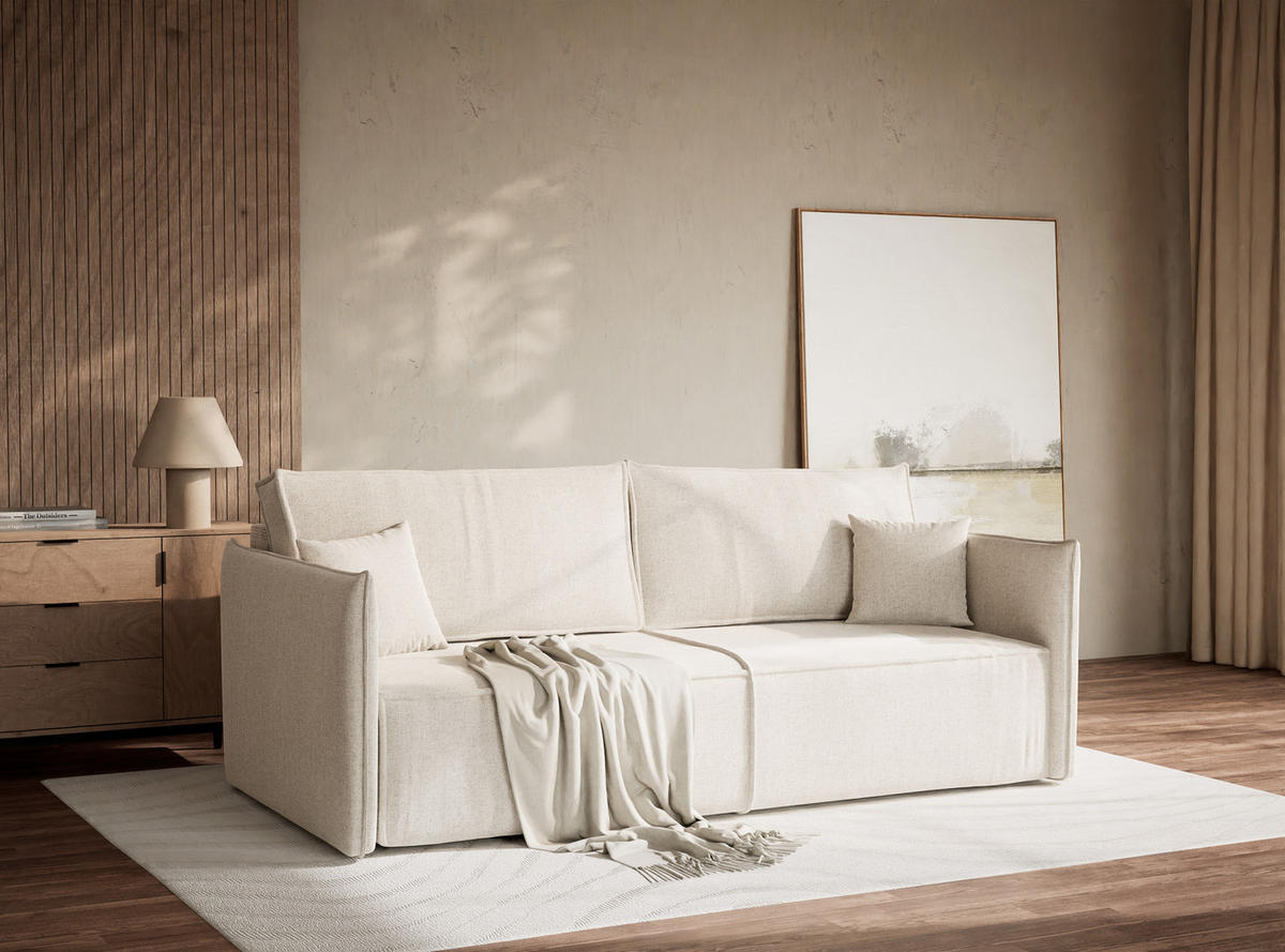 SOFA MIT SCHLAFFUNKTION Obra Hellbeige Webstoff - Creme/Schwarz, Holz/Holzwerkstoff (220/70/107cm) - Maison de Reve